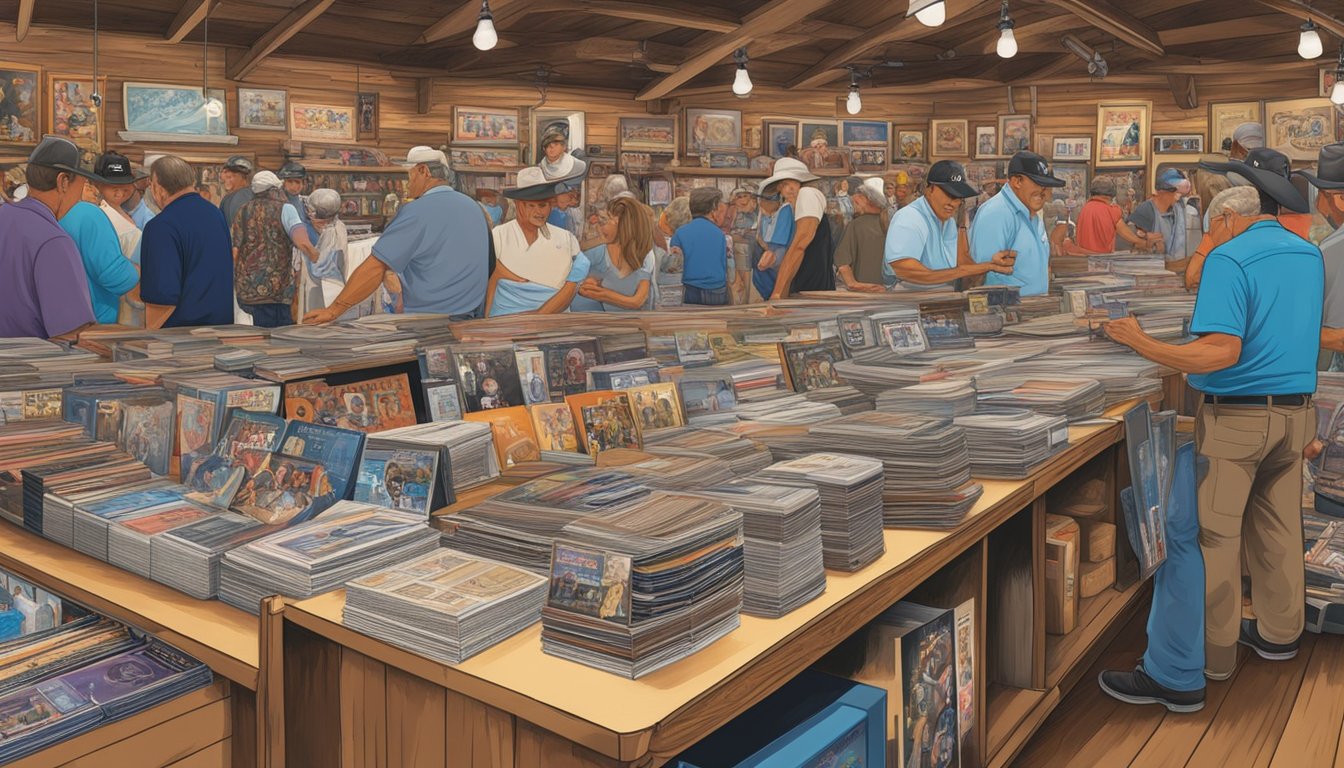 A crowded market stall displays rare George Strait collectibles, including vinyl records, concert posters, and autographed memorabilia