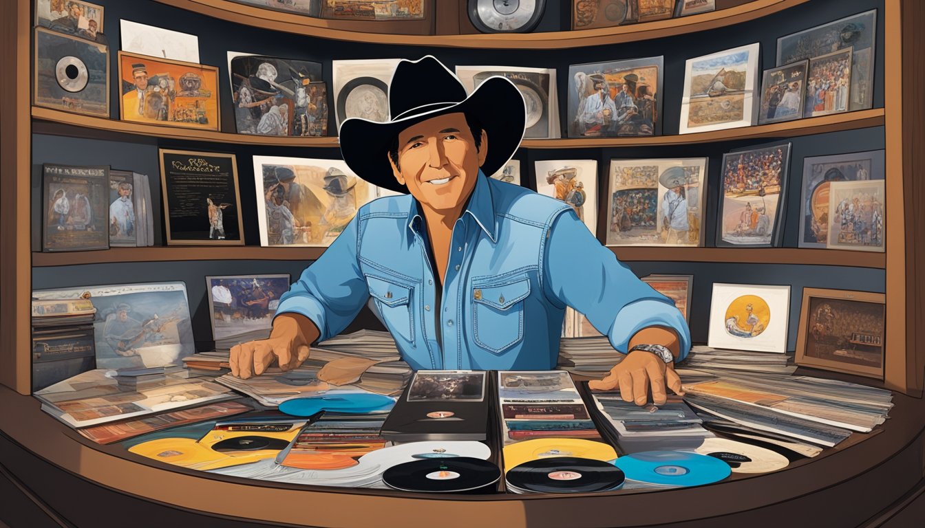 A display of rare George Strait collectibles, including vinyl records, concert posters, and signed memorabilia, arranged in a well-lit glass case