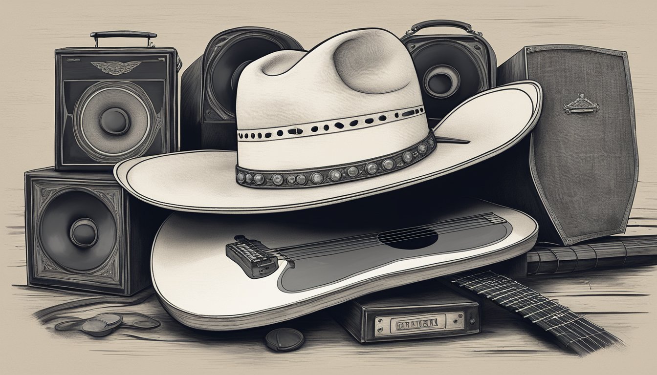 A lone cowboy hat atop a weathered guitar, surrounded by modern and vintage music equipment, symbolizing George Strait's timeless influence in the music industry