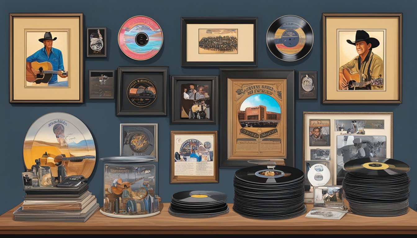 A display of rare George Strait collectibles, including vinyl records, concert posters, and signed memorabilia, arranged in a museum-like setting