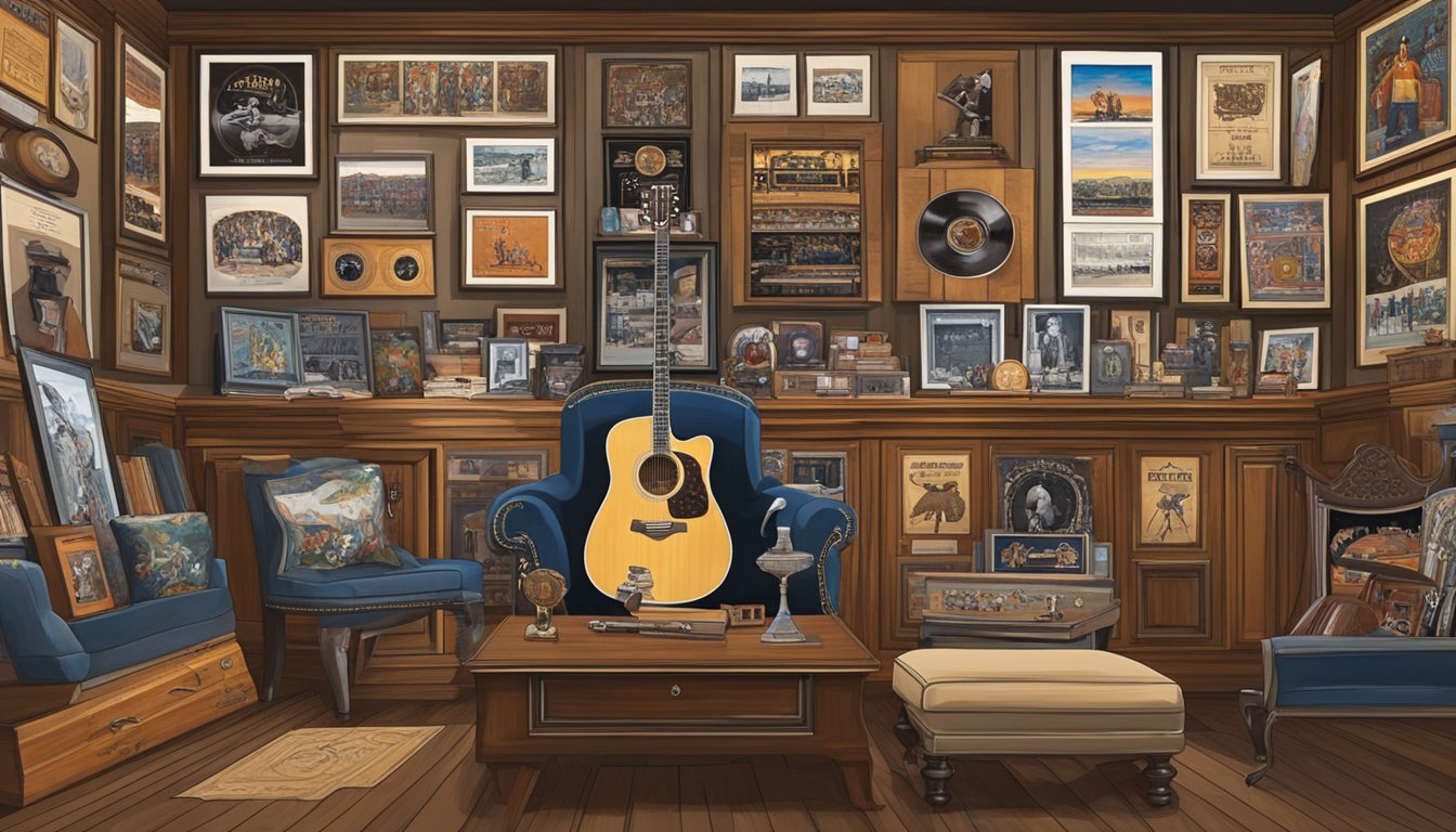 A grand display of George Strait memorabilia, including rare vinyl records, concert posters, and signed guitars, showcased in a regal setting