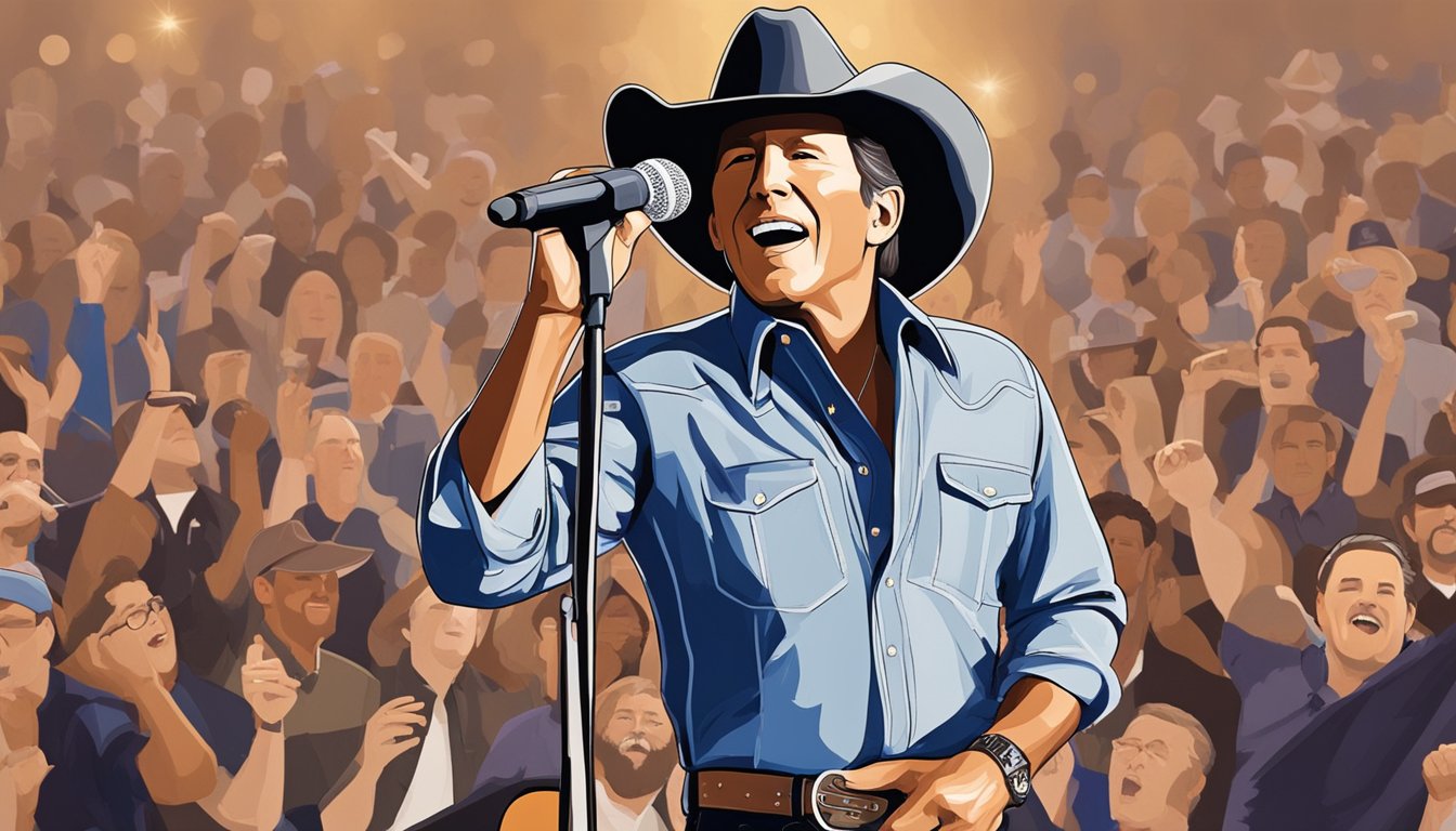 George Strait stands confidently on stage, microphone in hand, delivering a powerful vocal performance with passion and emotion. The audience is captivated by his signature style and technique