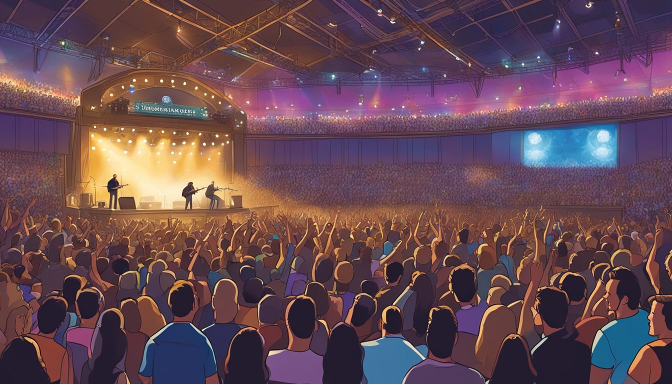 A crowded concert venue filled with diverse fans, all singing along to George Strait's iconic lyrics, with the stage bathed in colorful lights and the band playing passionately