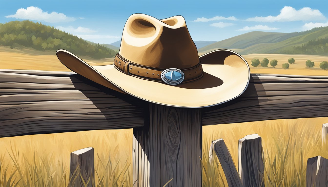 A lone cowboy hat rests on a weathered wooden fence, surrounded by rolling hills and a clear blue sky