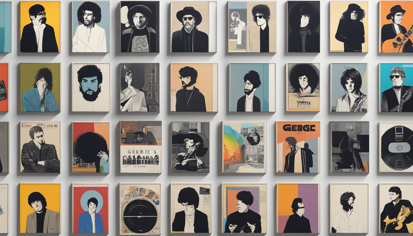 A collection of George's album covers arranged on a wall, each one showcasing a defining moment in his career. The covers vary in style and color, reflecting the evolution of his music over the years