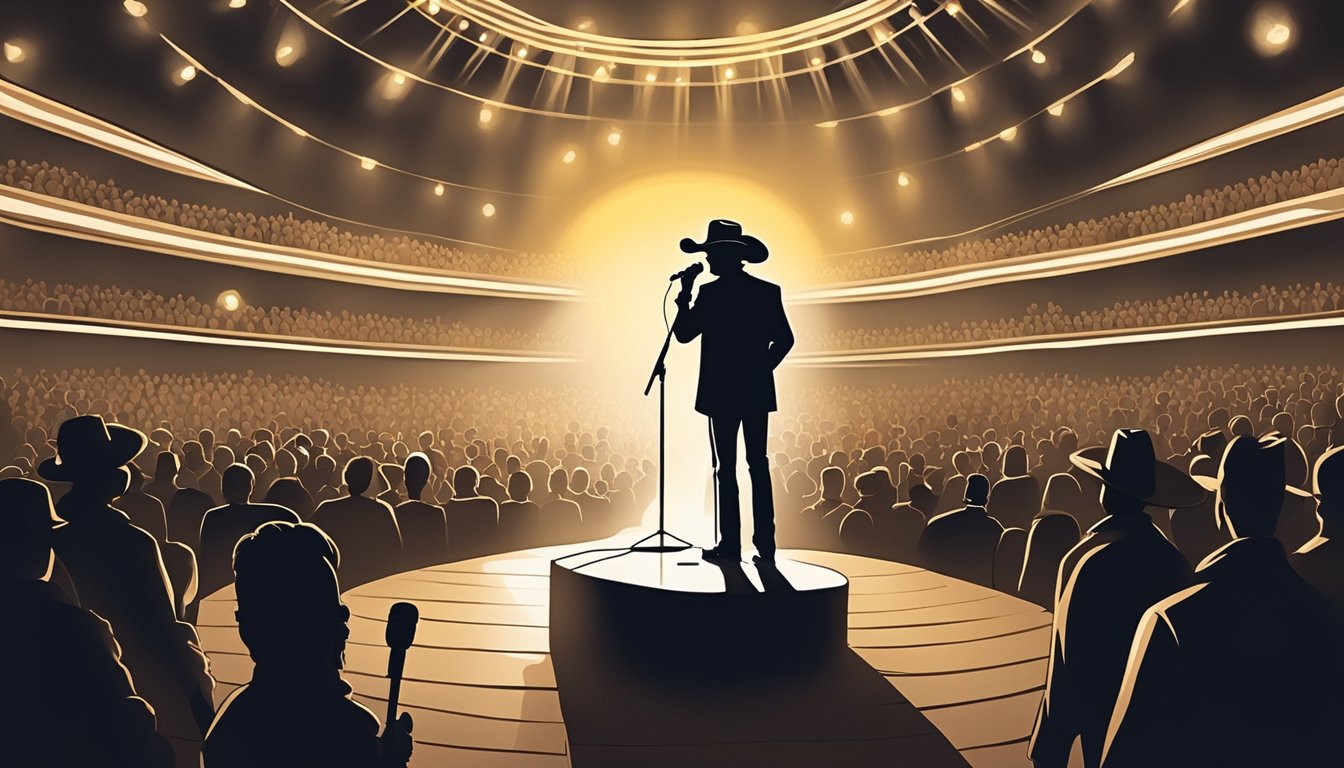 A lone microphone stands center stage, bathed in a warm spotlight, surrounded by a hushed audience. The air is charged with anticipation as the legendary George Strait steps forward to deliver one of his most powerful vocal performances