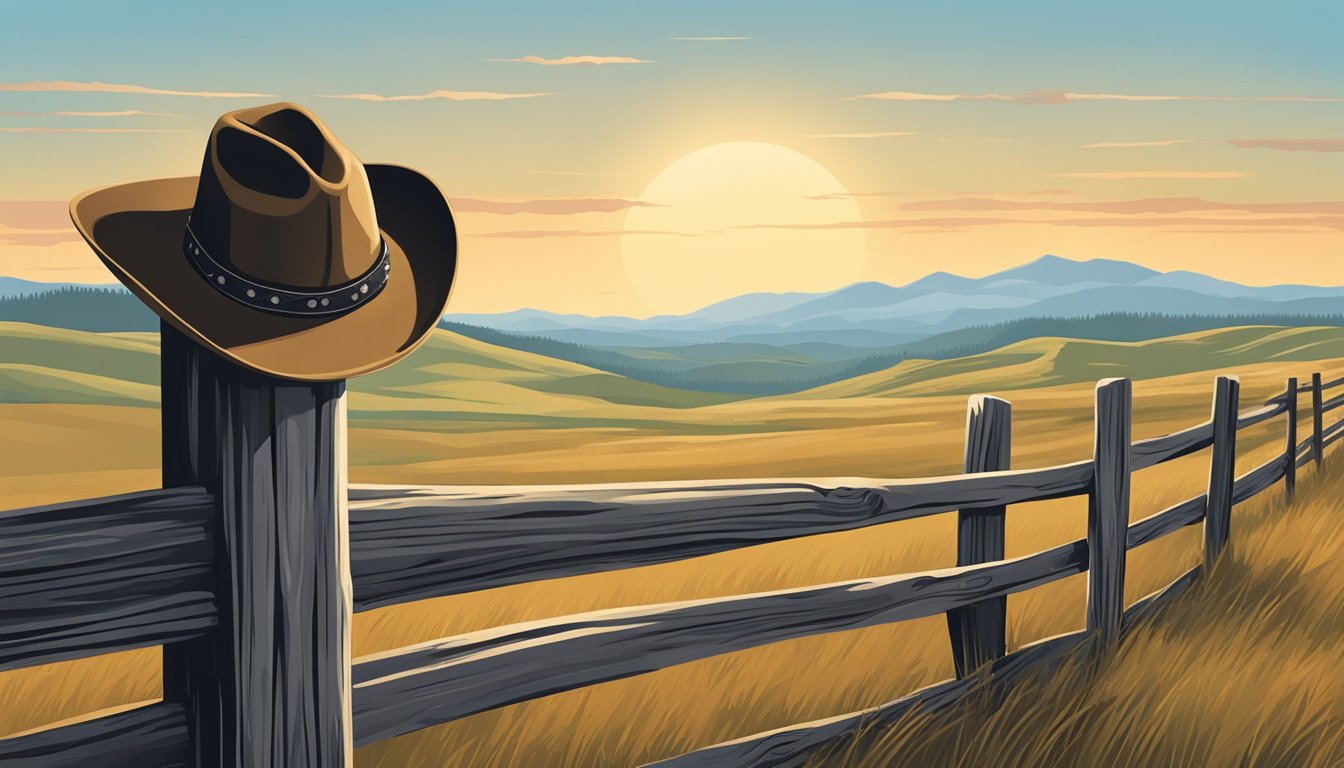 A lone cowboy hat rests on a weathered fence post, surrounded by rolling hills and a vast expanse of open sky