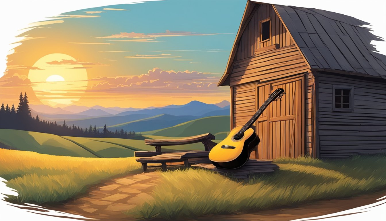 A lone guitar sits against a weathered barn, surrounded by rolling hills and a vast open sky. The sun sets behind the distant mountains, casting a warm glow over the countryside