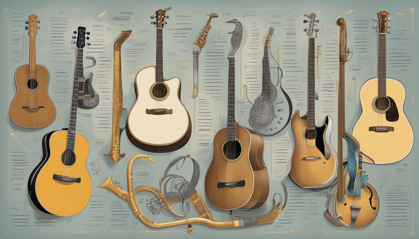 A timeline of musical instruments and societal symbols evolving alongside George Strait's lyrics