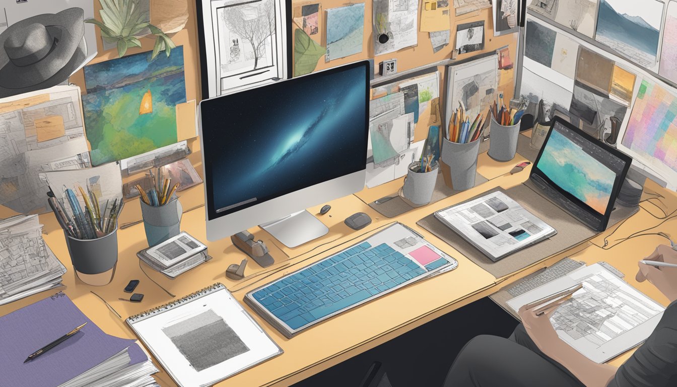 A cluttered workspace with design software open, reference photos of album covers pinned to a mood board, and a drawing tablet with a stylus