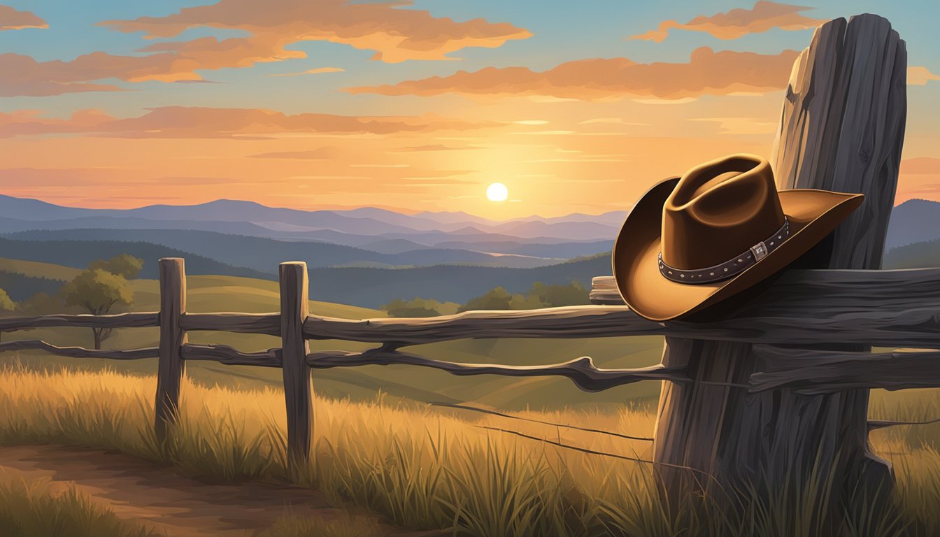 A cowboy hat resting on a weathered wooden fence post, with a guitar leaning against it, set against a backdrop of rolling hills and a sunset