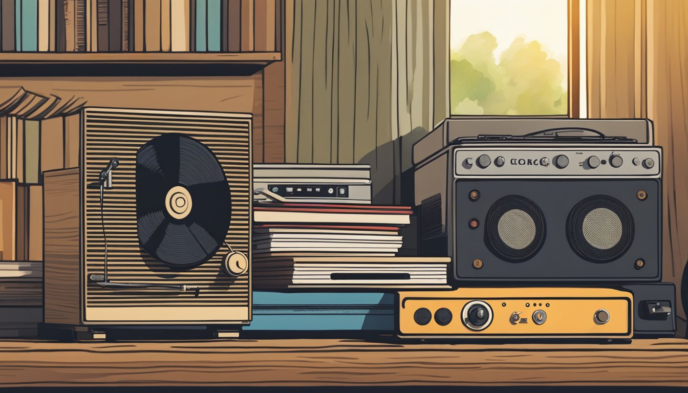 A stack of George's album covers arranged on a wooden table, with a vintage record player in the background and warm natural light streaming in from a nearby window