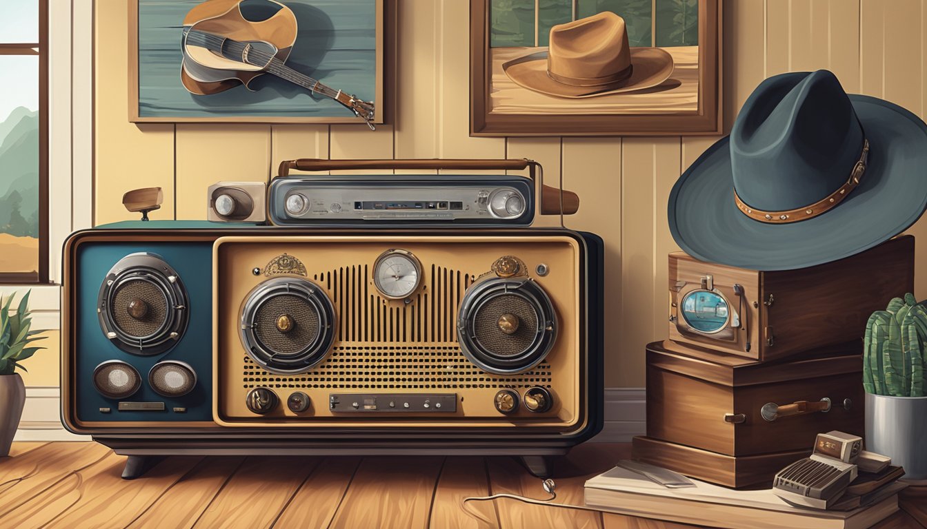 A vintage radio sits beside a sleek, modern sound system, with a cowboy hat resting on top. The room is decorated with a mix of traditional and contemporary country music memorabilia