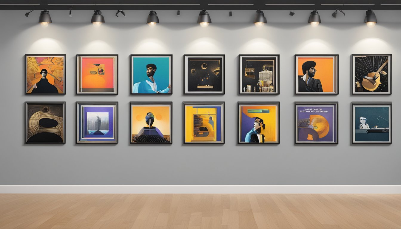 A series of George's album covers displayed on a gallery wall, with spotlights highlighting each one