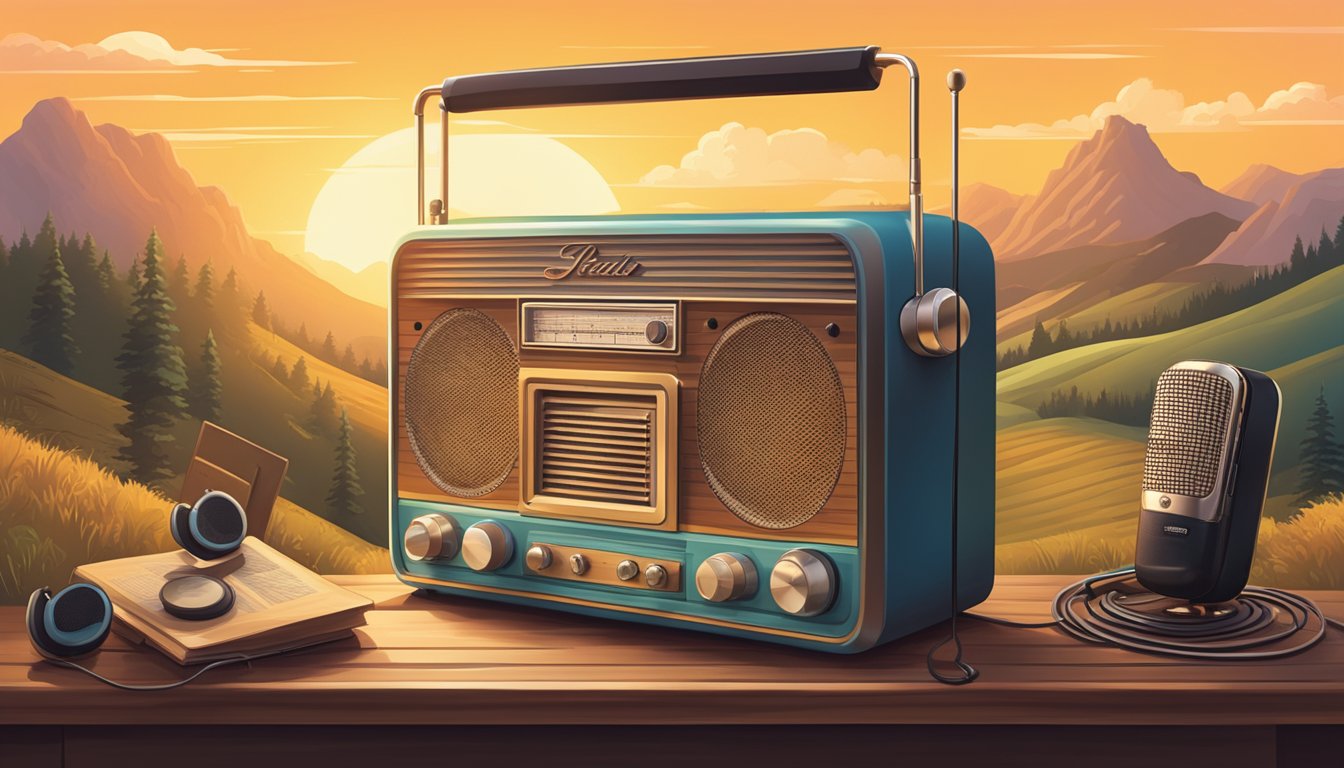 A vintage radio surrounded by country music memorabilia, with a microphone and headphones nearby, set against a backdrop of rolling hills and a sunset