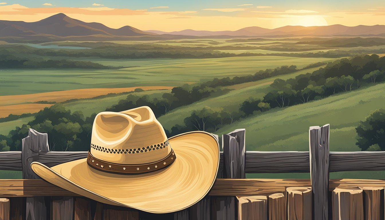 A lone cowboy hat rests on a weathered wooden fence post, overlooking a vast Texas landscape with rolling hills and a distant country music festival