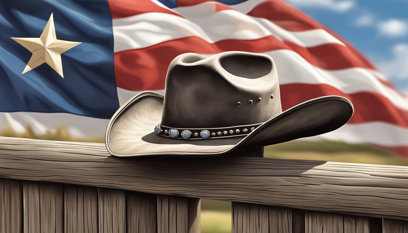 A lone cowboy hat sits atop a weathered wooden fence, with a lone star flag waving in the background