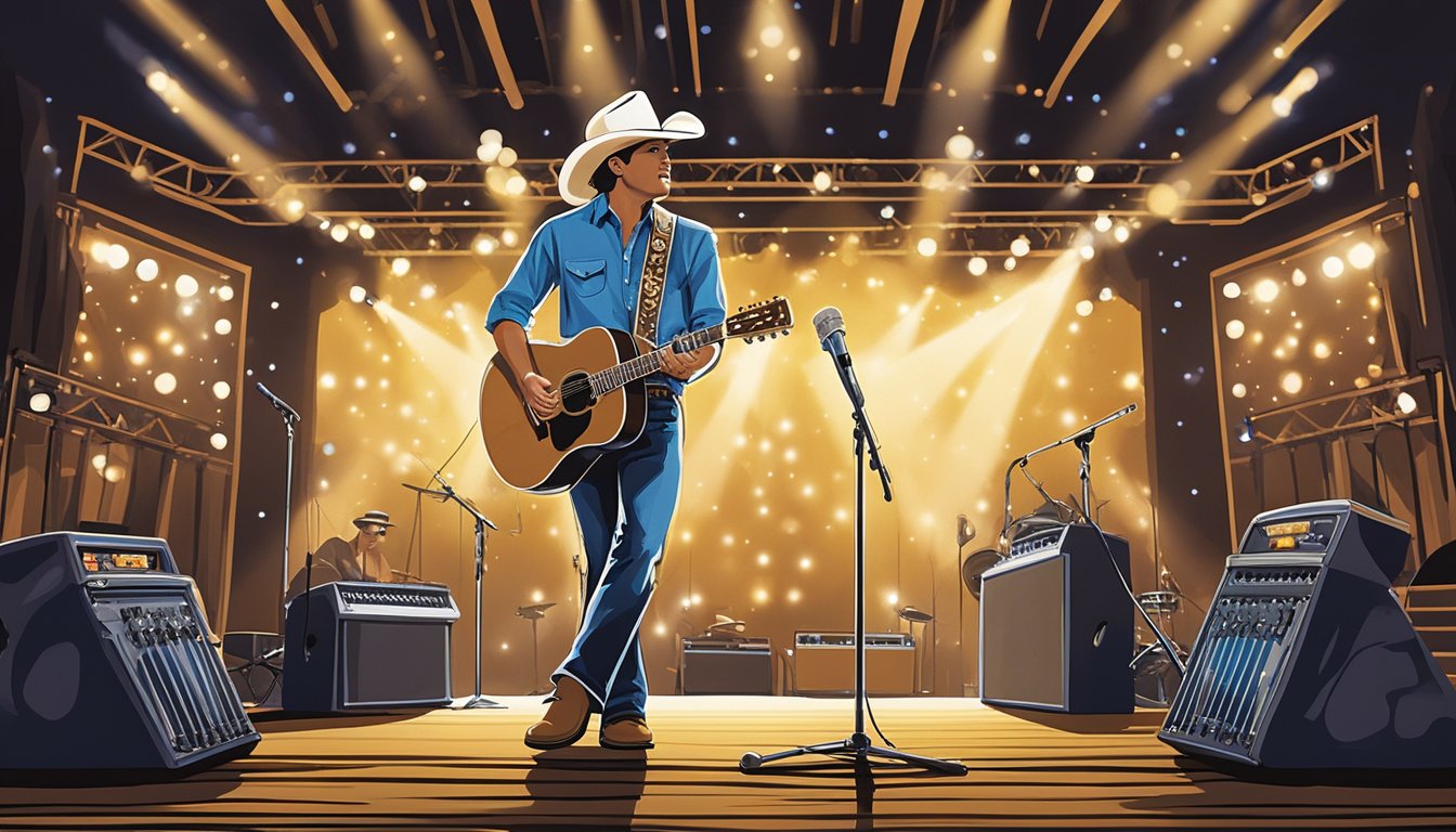 A spotlight shines on a lone microphone center stage, surrounded by instruments and adorned with cowboy hats and boots. The backdrop features images of George Strait performing at various country music awards shows