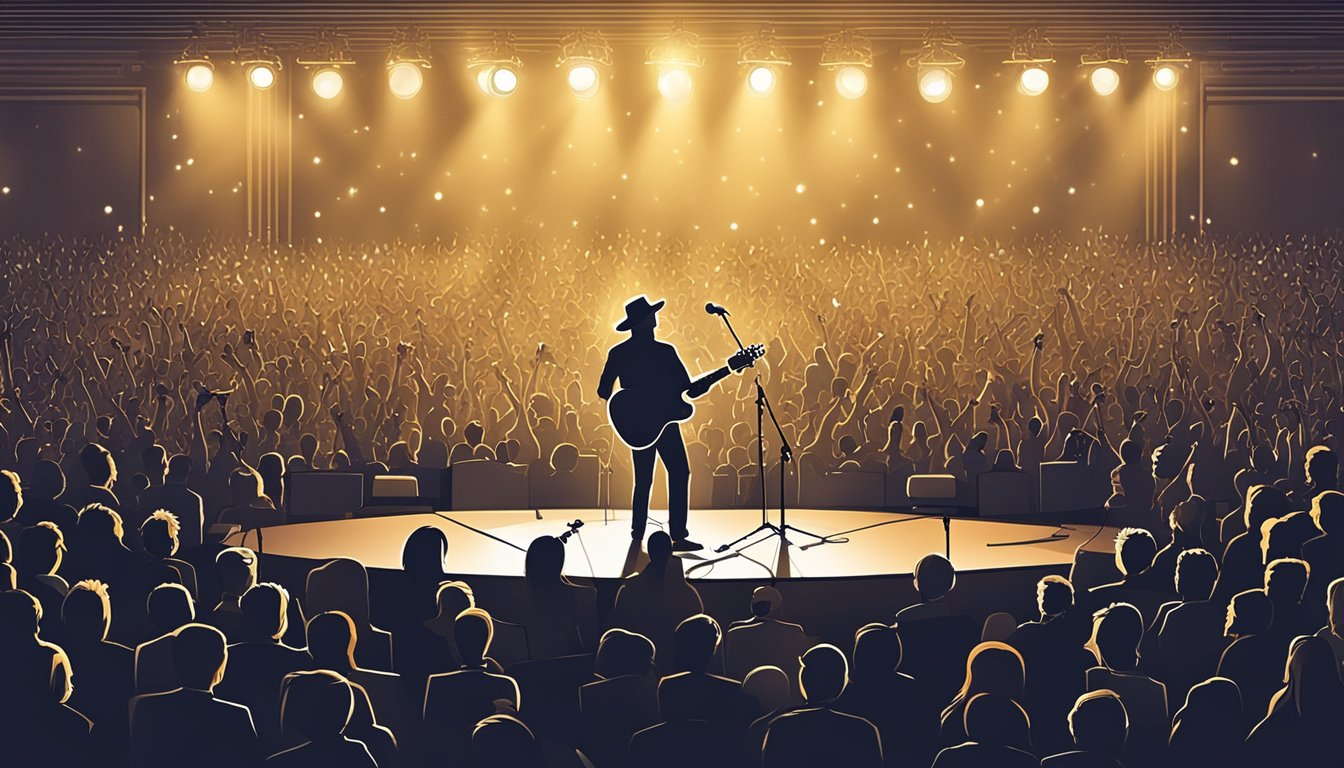 A crowded concert hall with a stage featuring a lone guitar under a spotlight, surrounded by a sea of cheering fans