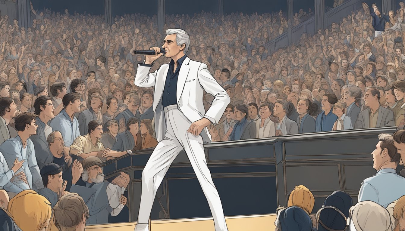 George stands confidently on stage, surrounded by adoring fans. He engages them with a direct and earnest gaze, exuding charisma and authenticity