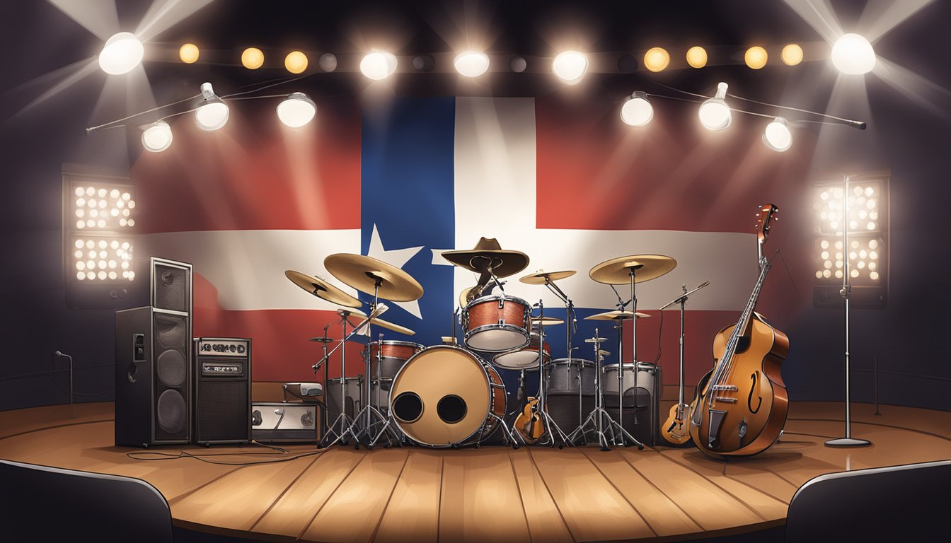 A stage with a lone microphone surrounded by instruments, cowboy hats, and a Texas flag, with spotlights shining down