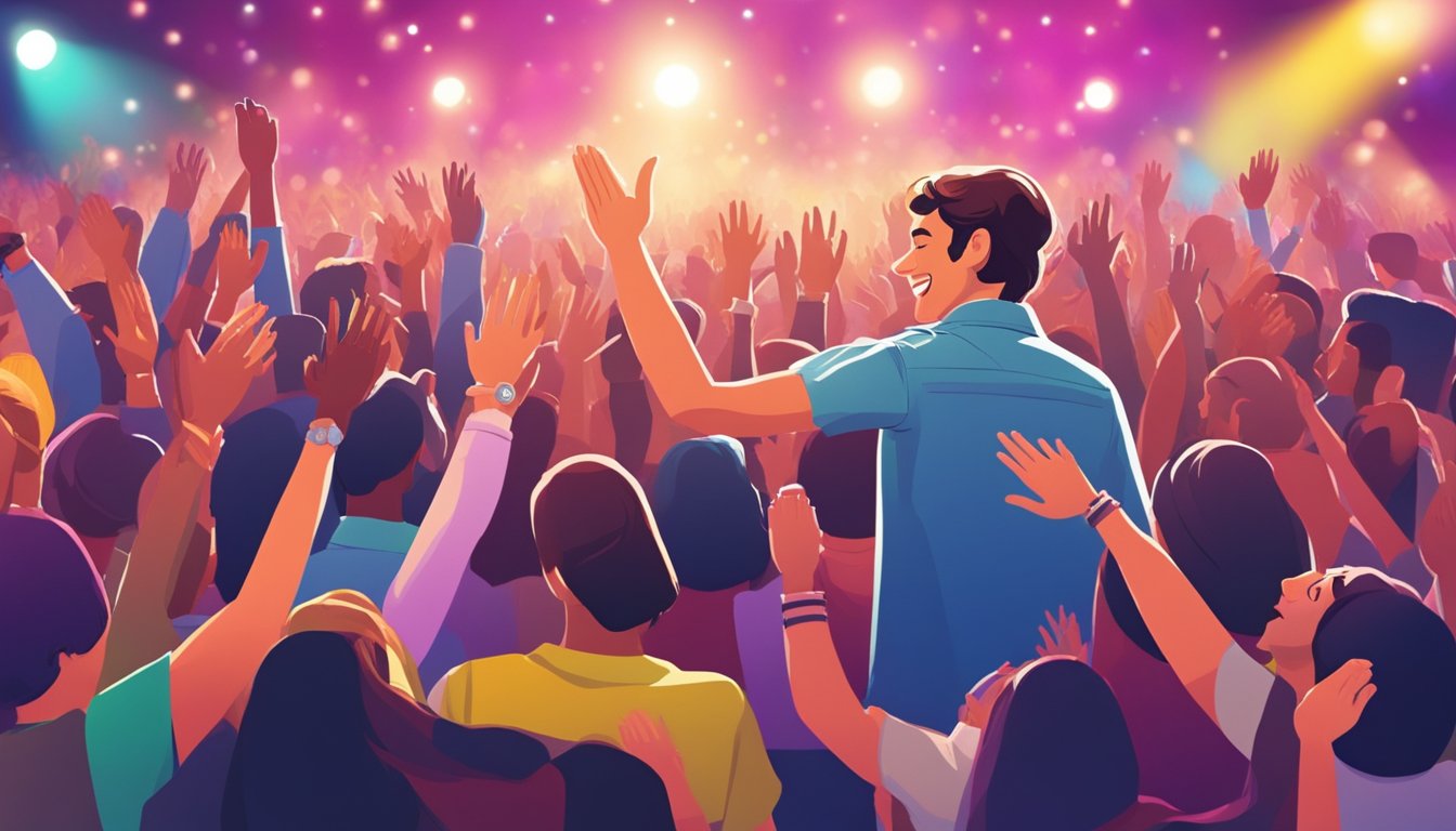 George engages fans with high-fives and smiles at a lively concert. The crowd cheers in front of a colorful stage with flashing lights