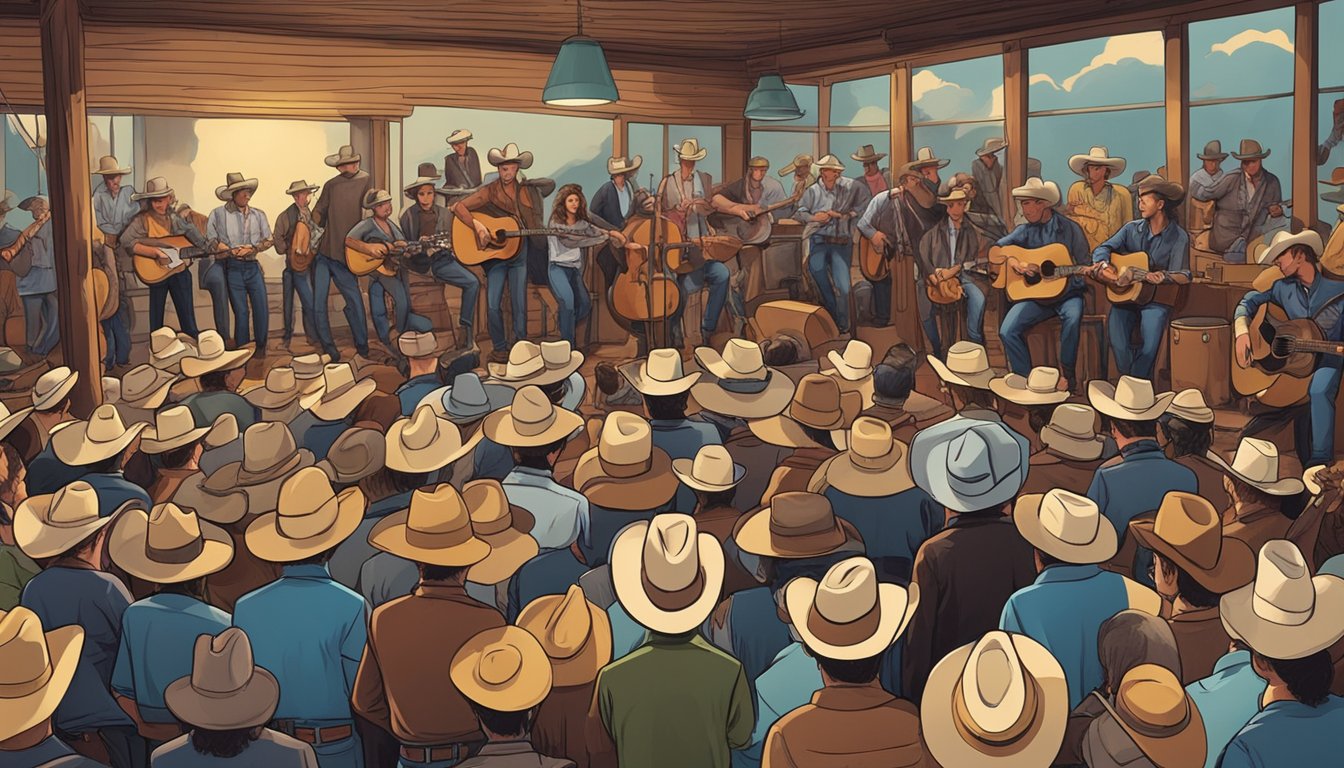 A crowded Texas honky-tonk with a stage, cowboy hats, and a band playing country music