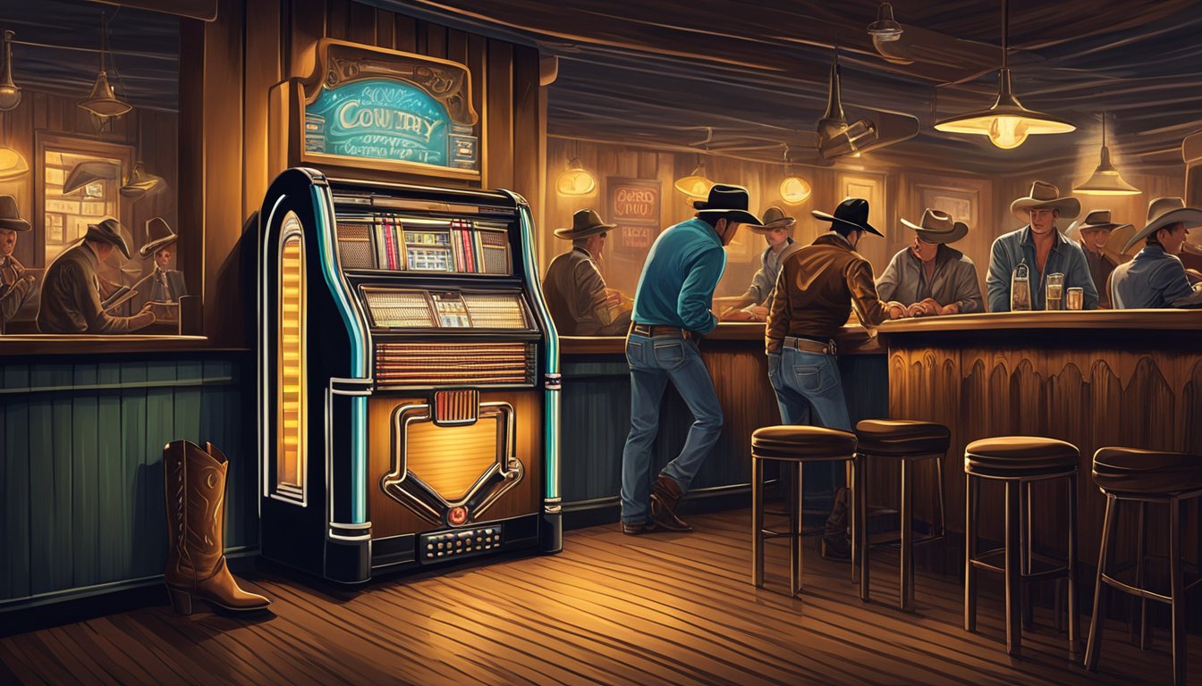 A vintage jukebox playing country music in a dimly lit bar, surrounded by cowboy boots and hats