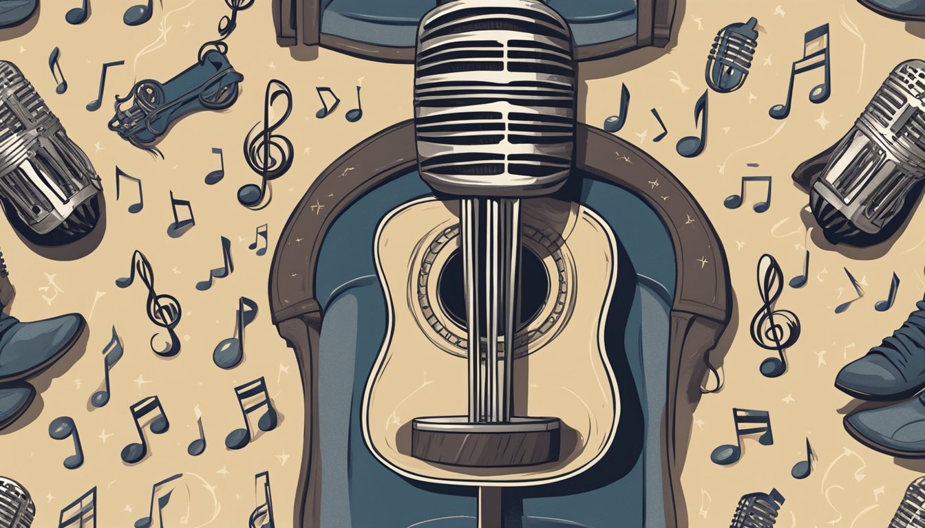 A vintage microphone surrounded by musical notes and cowboy boots, with a guitar leaning against a wooden stool