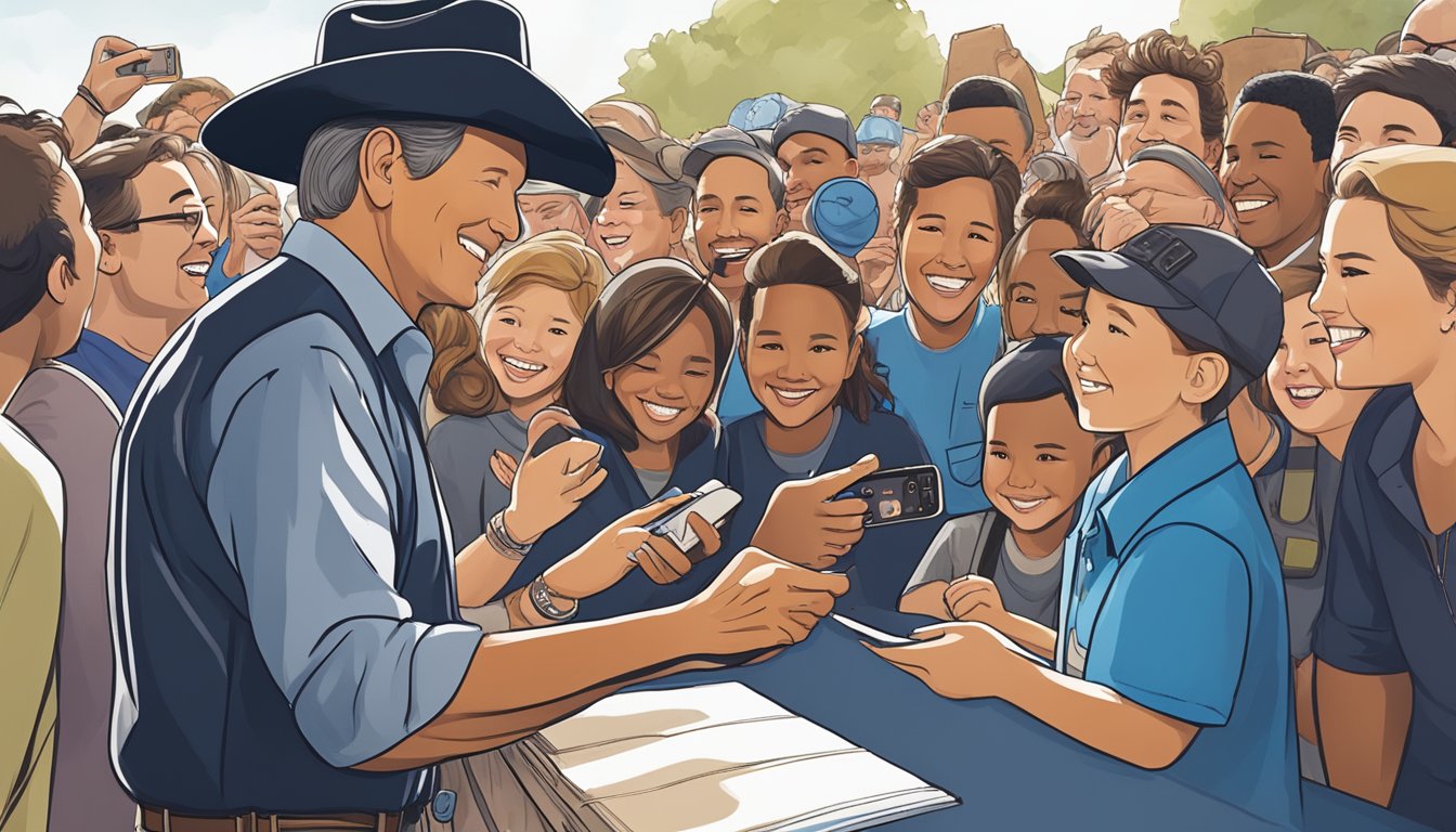 George Strait signing autographs and taking photos with fans after a concert, smiling and engaging with each person. The crowd is excited and grateful for his down-to-earth approach