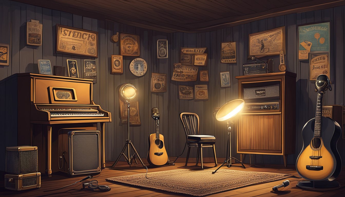 A lone microphone stands on a dimly lit stage, surrounded by vintage country music memorabilia and instruments. The spotlight shines on the center, creating a sense of anticipation and nostalgia