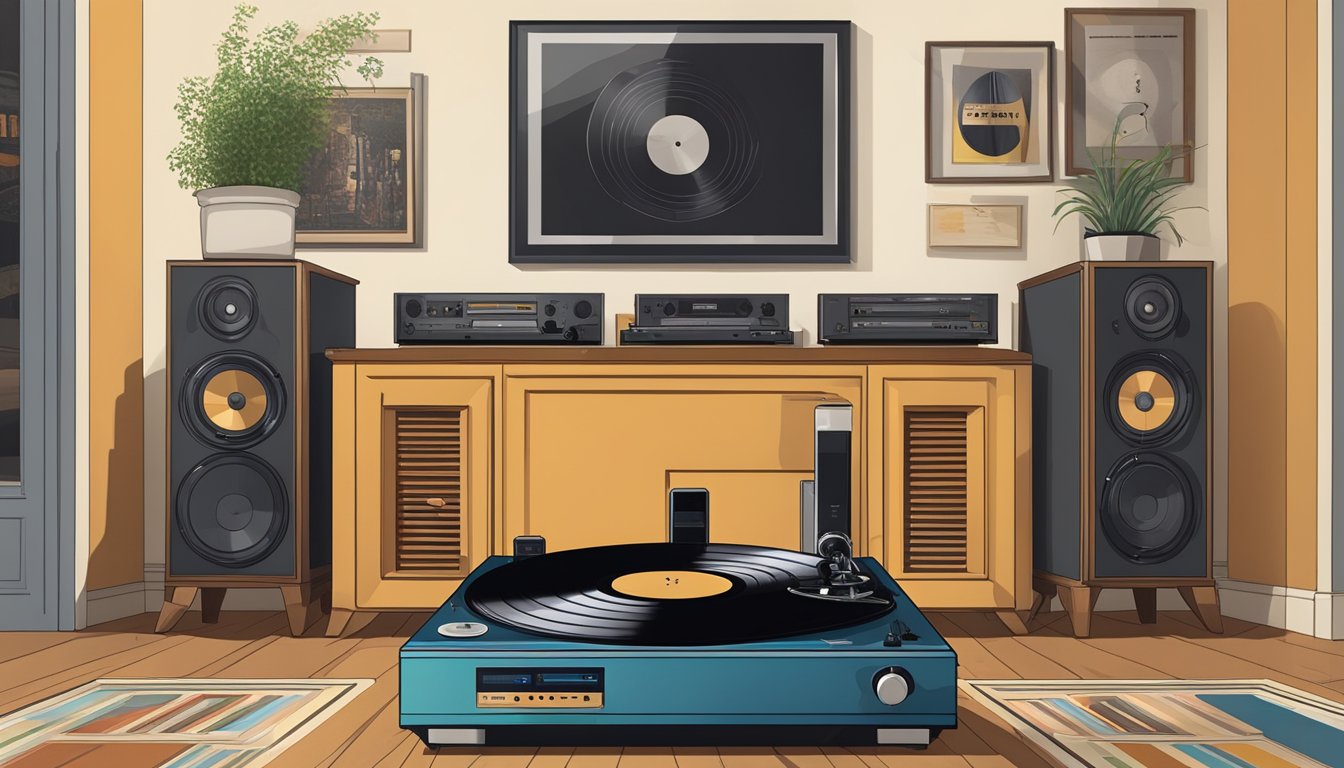 A vintage record player surrounded by modern streaming devices, with George Strait's albums displayed on the wall