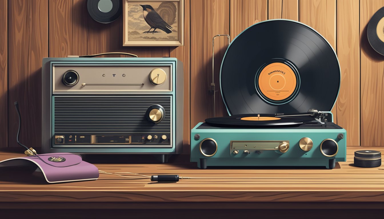 A vintage record player sits beside a modern streaming device on a rustic wooden table, surrounded by classic country music memorabilia