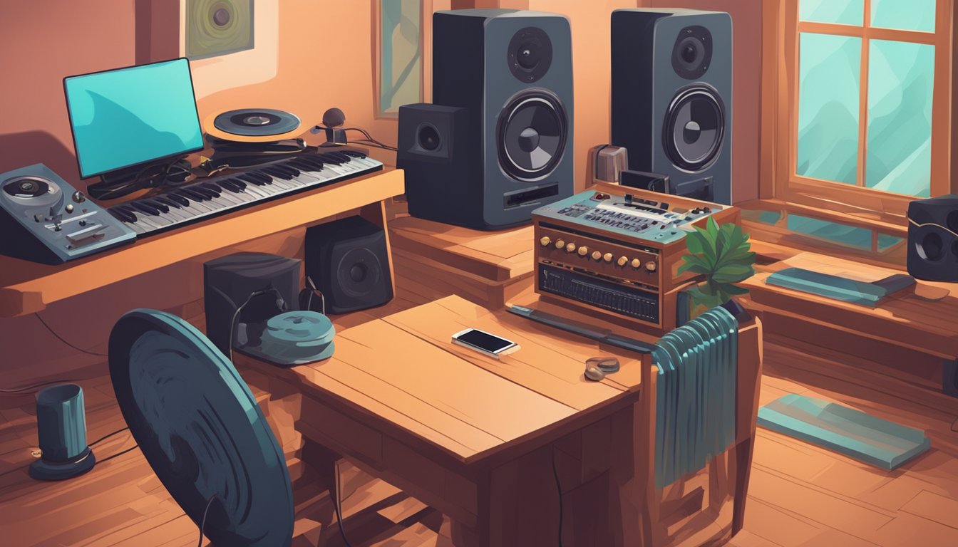 A cozy recording studio with vintage instruments and a modern computer setup. A vinyl record spins on a turntable while a smartphone streams music