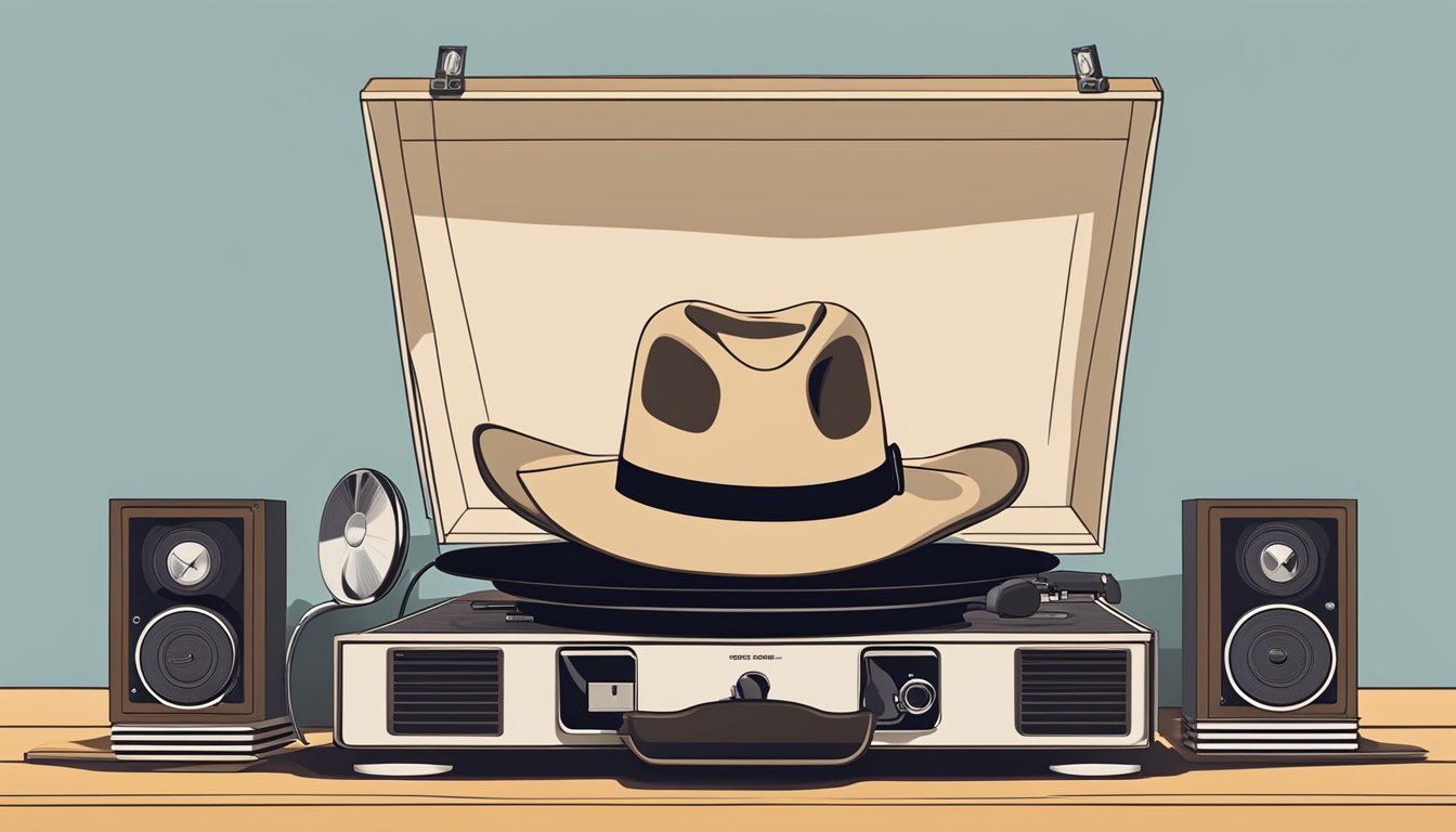 A cowboy hat resting on a vintage record player, surrounded by vinyl records and a modern streaming device