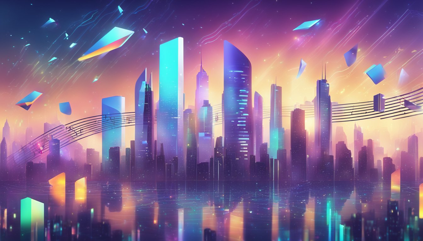 A futuristic city skyline with holographic music notes and streaming data floating in the air