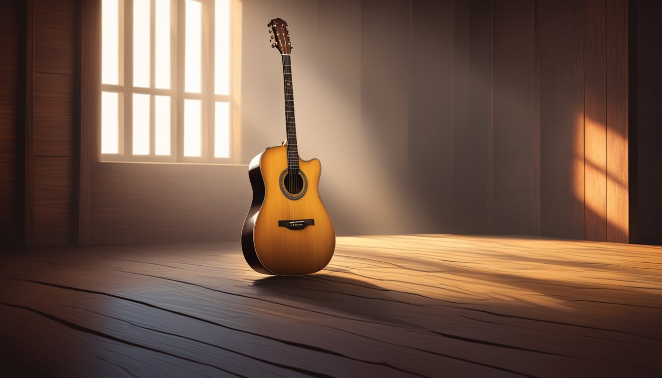 A lone guitar sits on a weathered wooden stage, bathed in warm spotlight. The audience's silhouettes are visible in the dimly lit background