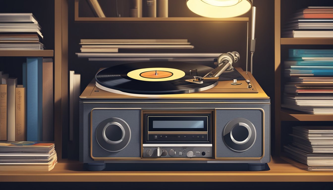 A vintage record player surrounded by vinyl albums, with a stack of CDs and a digital music player, all under a spotlight