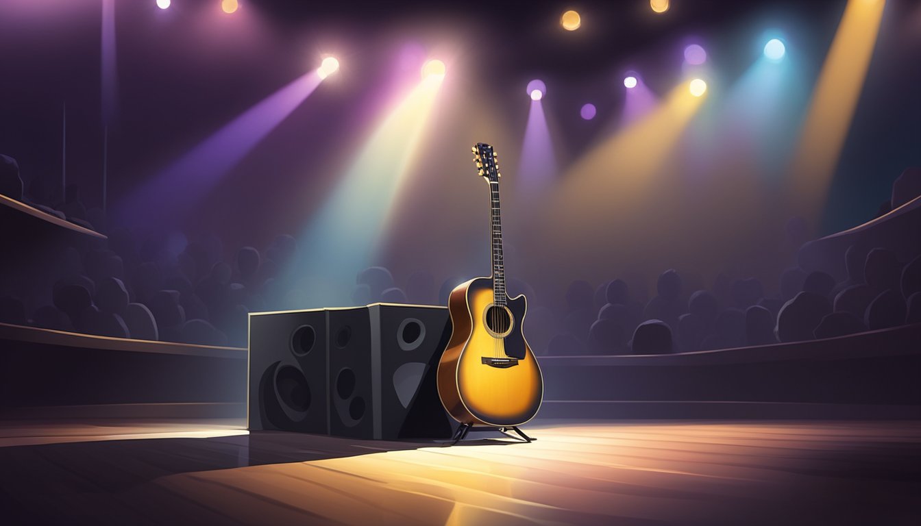 A lone guitar stands on a dimly lit stage, surrounded by the glow of spotlights and the hushed anticipation of a packed audience