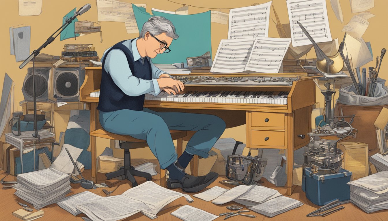 George sits at a cluttered desk, surrounded by instruments and sheet music. He hums a catchy melody, tapping his foot to the beat