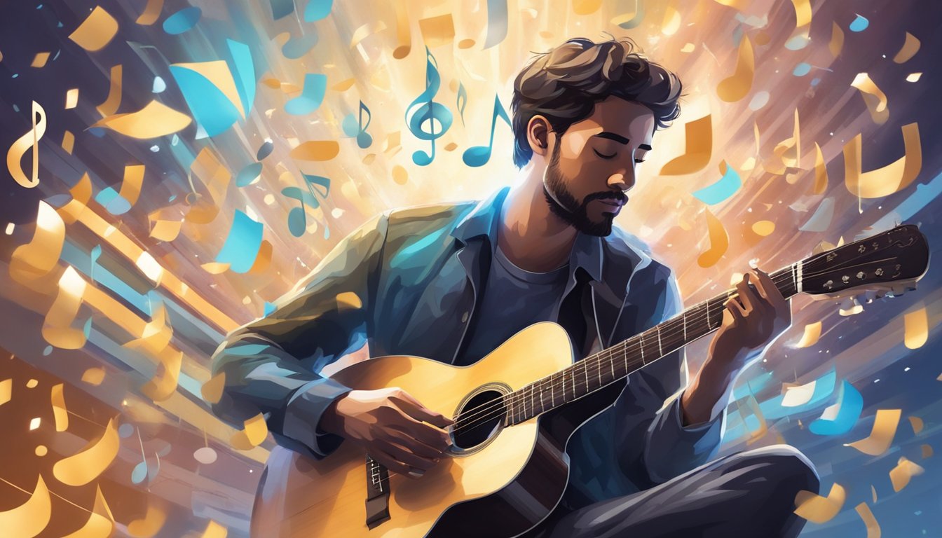 A musician strums a guitar, surrounded by musical notes floating in the air. A spotlight shines on the artist, creating a sense of focus and intensity