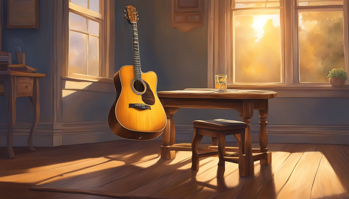 A lone guitar sits on a weathered wooden stool, bathed in warm, golden light streaming through an open window. The room is filled with the soft hum of creativity as the melody of George Strait's music fills the air