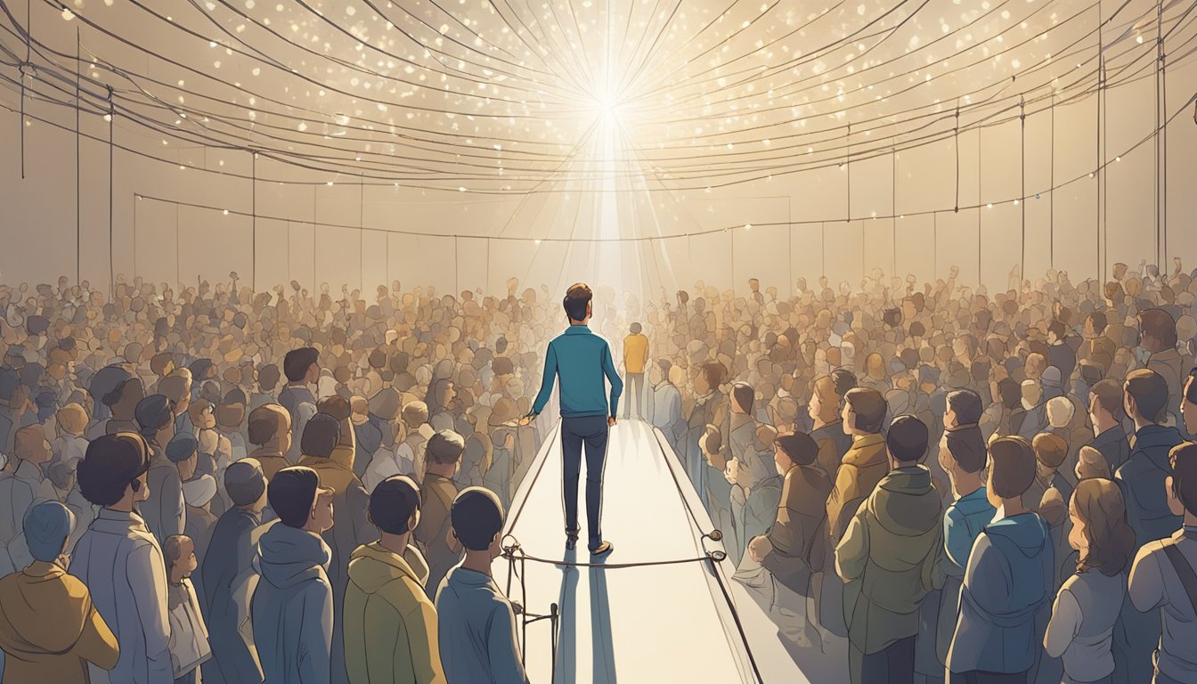 A spotlight shines on a figure walking a tightrope between a crowd of adoring fans and a wall of privacy. The figure is surrounded by charts and accolades