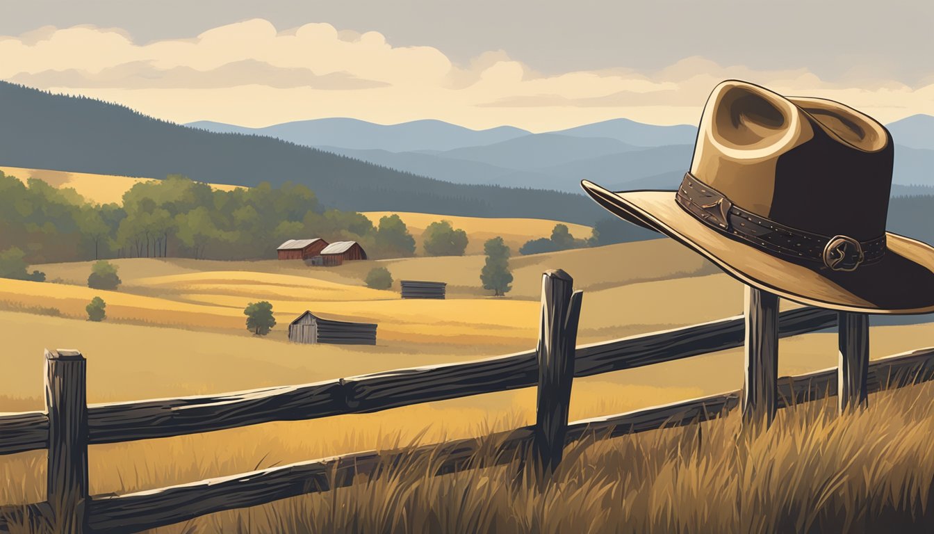 A lone cowboy hat hanging on a weathered fence post, surrounded by rolling hills and a rustic barn in the distance