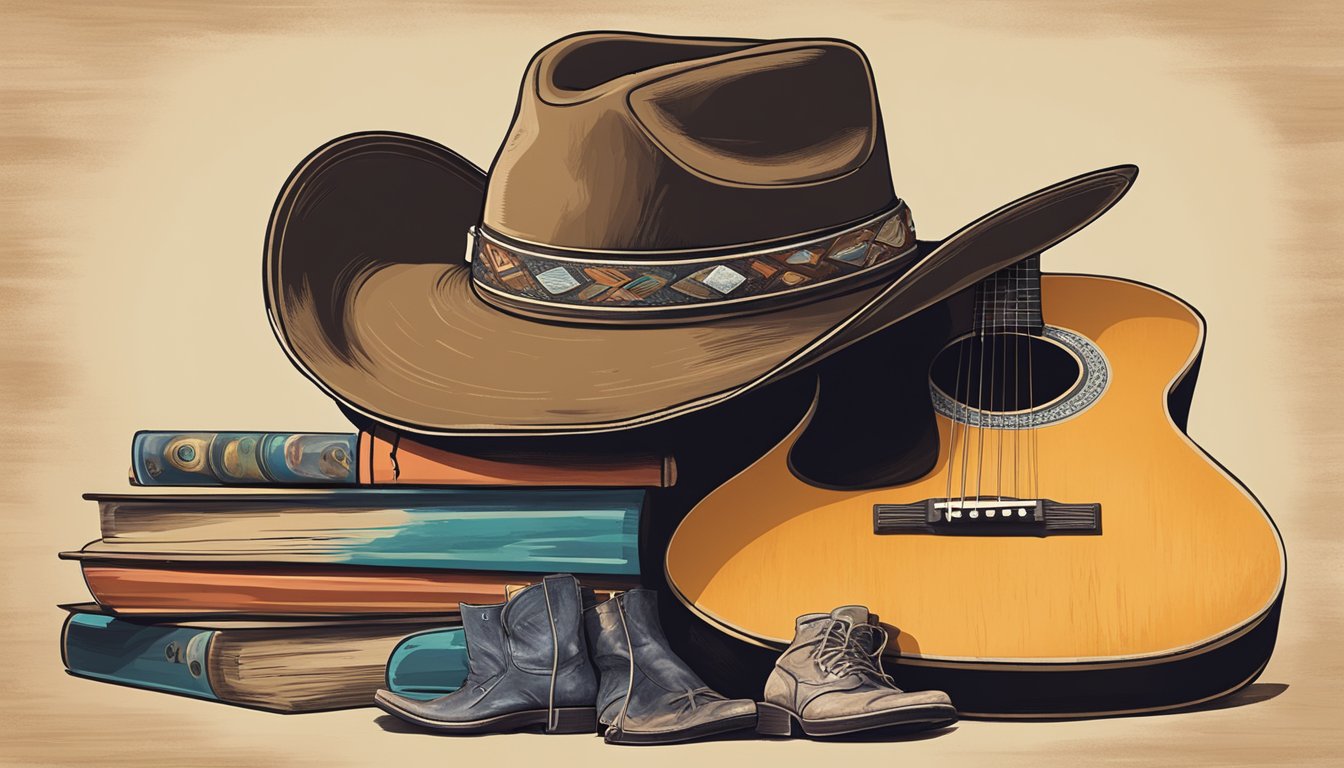 A cowboy hat resting on a weathered guitar, surrounded by vintage vinyl records and a worn pair of cowboy boots