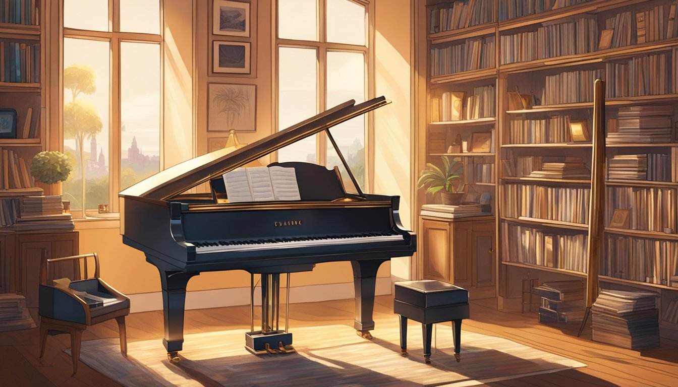 A grand piano sits in a sunlit room, surrounded by shelves of records and musical memorabilia. The room is filled with the warm glow of nostalgia and creativity