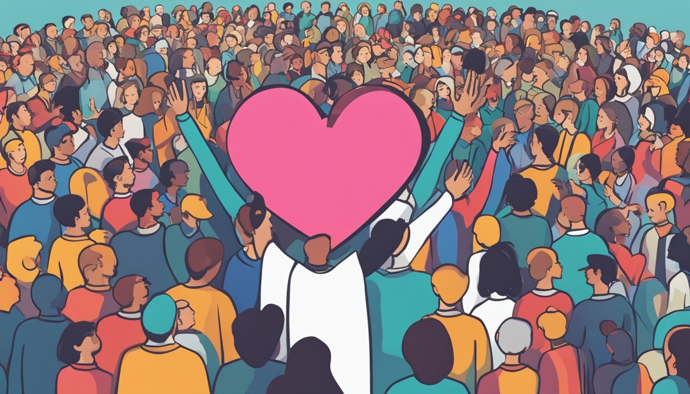 A figure standing on a stage, surrounded by a crowd of people, with one hand outstretched and the other hand holding a heart symbol