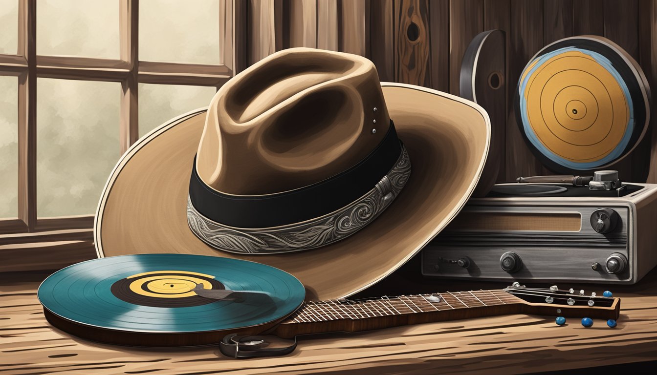 A cowboy hat rests on a weathered guitar, surrounded by vintage vinyl records and a rustic shooting target