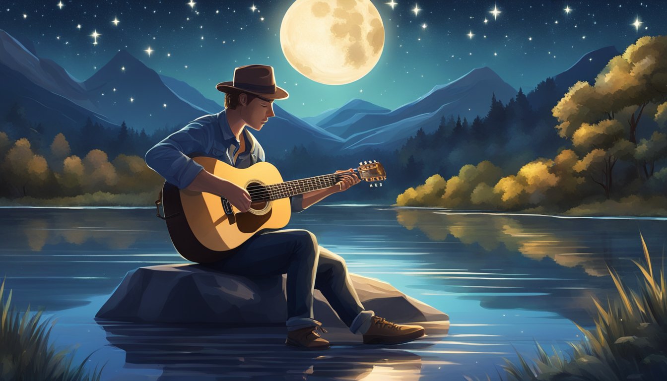 A musician strums a guitar under a starry sky, surrounded by nature. The moonlight reflects off the water, creating a serene and peaceful atmosphere