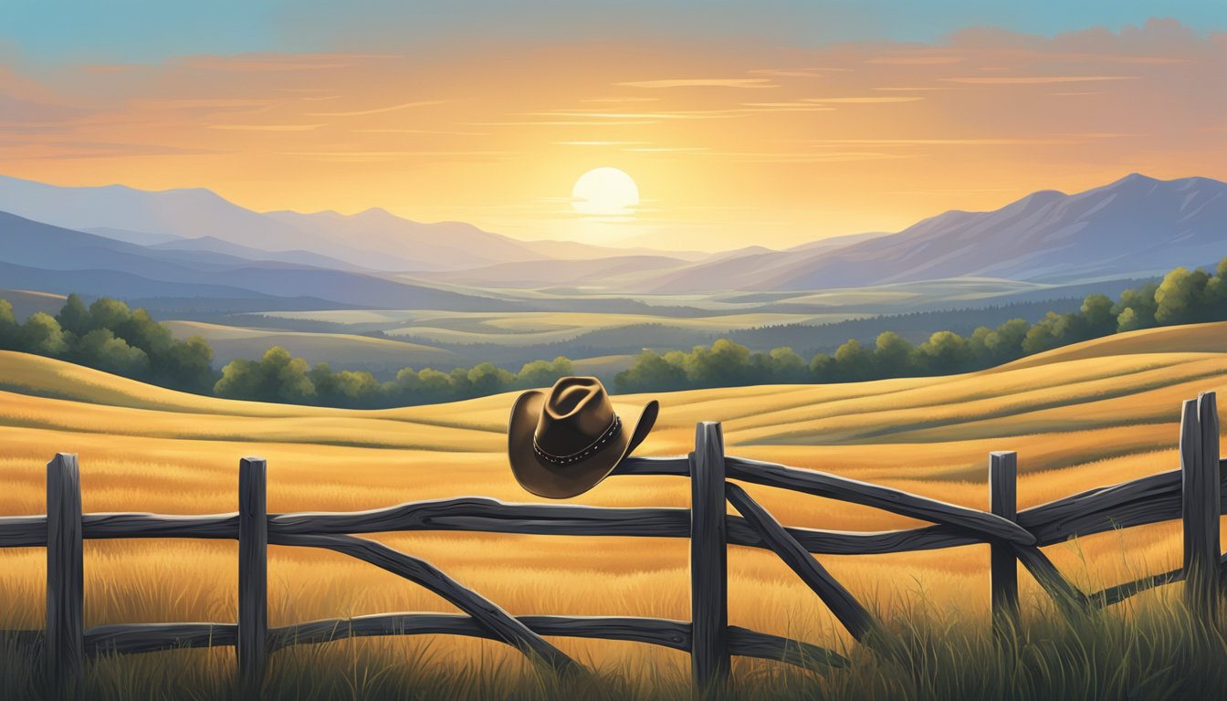 A lone cowboy hat rests atop an old wooden fence, surrounded by rolling hills and a vast expanse of open sky